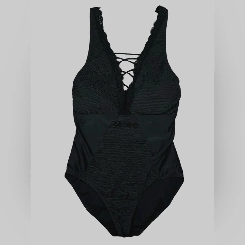 Seekers Australia Black Sexy V Plunge Neckline Lace One Piece Swimsuit